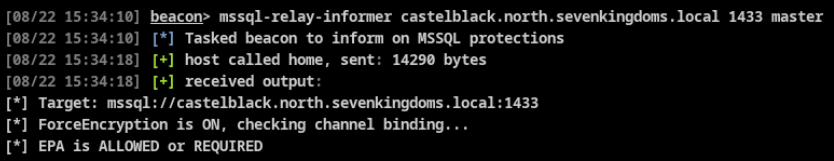 RelayInformer BOF output against MSSQL with Force Encryption and EPA required