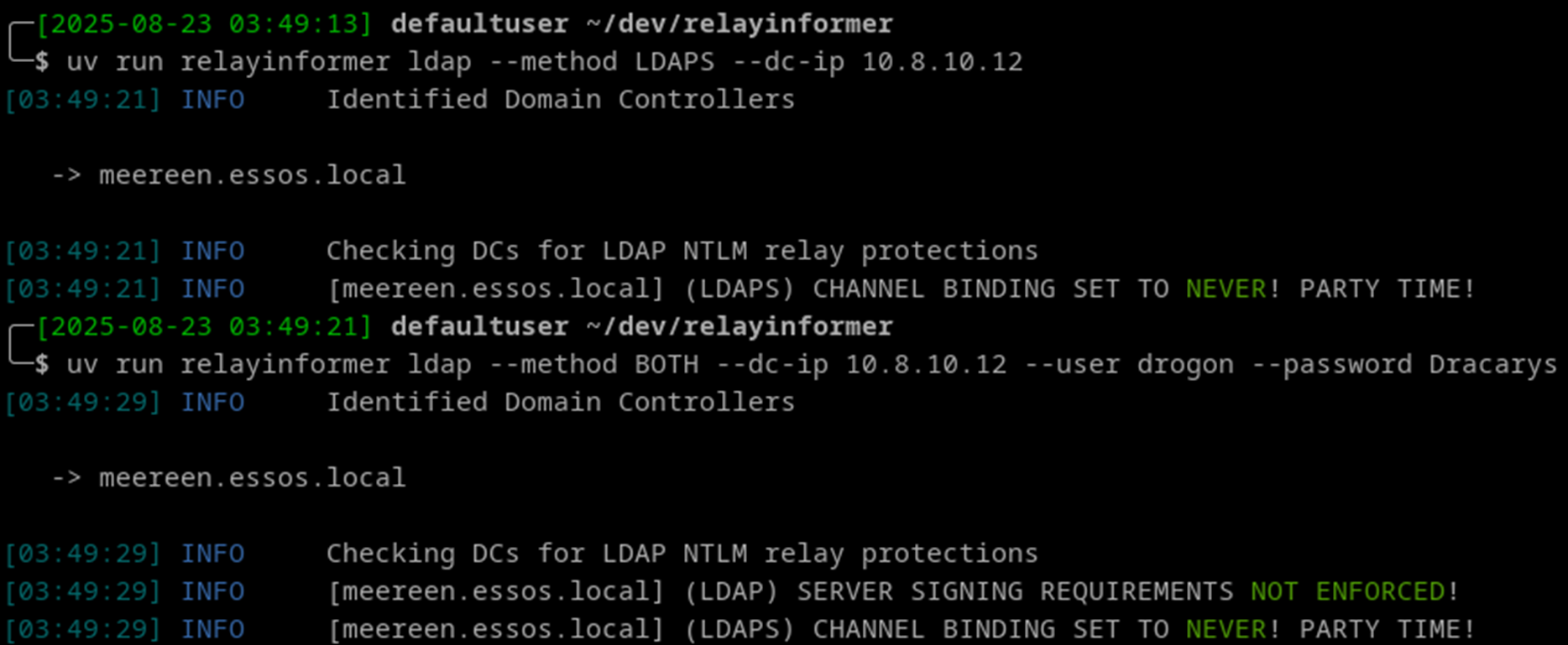 RelayInformer Python LDAPS module output showing channel binding and signing check