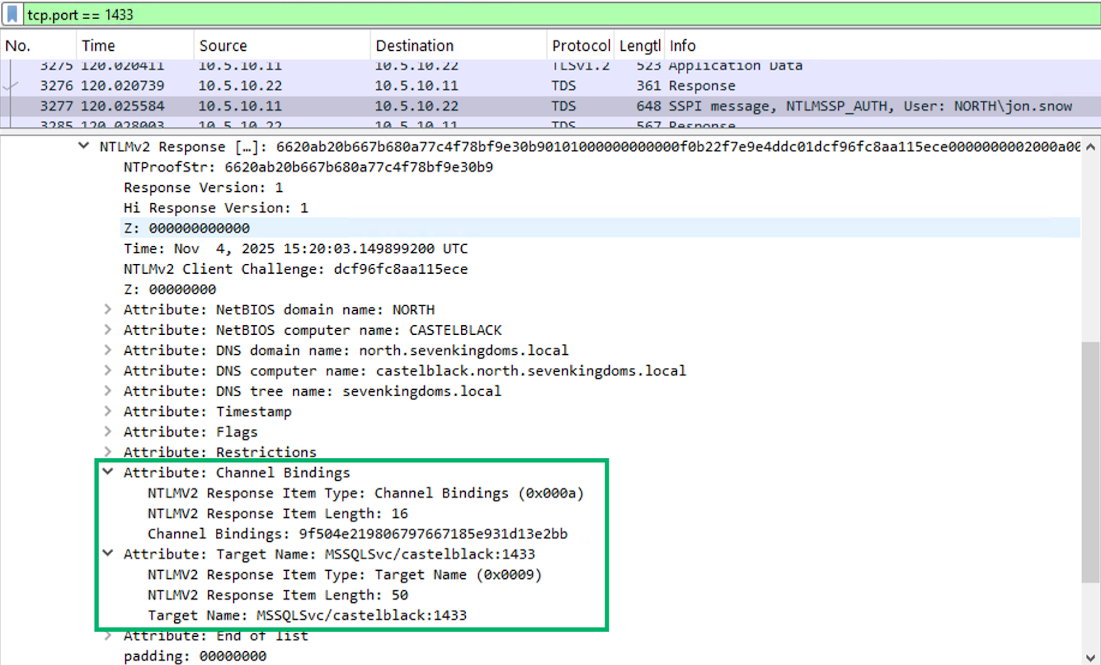 NTLMv2 Type 3 message showing MsvAvChannelBindings and MsvAvTargetName AV pairs