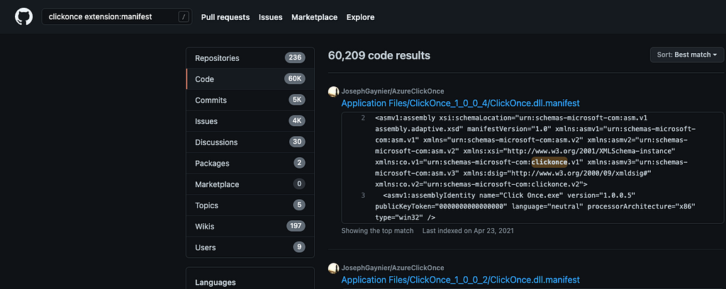 Github Searches for ClickOnce Projects (maybe with signed releases?)